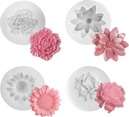 4 stuks siliconen vormen, gietvormen, kaarsvormen, 4 verschillende bloemenvormen, kaarsvormen om te gieten, siliconen kaarsvorm, madeliefjes om te gieten bloemen 3D