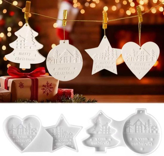 4 stuks siliconen vormen gietvormen Kerstmis, stervormige gipsvorm hartvormige hanger boom gietvormen, voor creatieve doe-het-zelf projecten en feestelijke decoraties