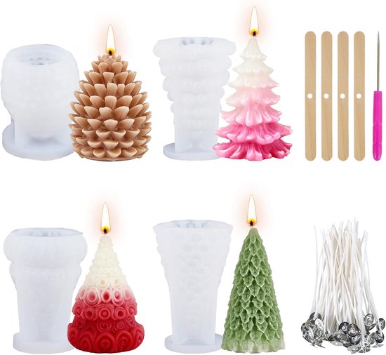 4 stuks siliconen vormen voor Kerstmis, 3D-gietvormen, zelf kaarsen maken, set met dennenboommotieven, ideaal als doe-het-zelf decoratie kaarsen, zeep, woondecoraties en geschenken