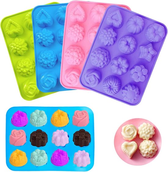 4 stuks siliconen zeepvormen, 12 holtes, 4 kleuren, geschikt voor chocolade, zeep, cake, brood, gelei