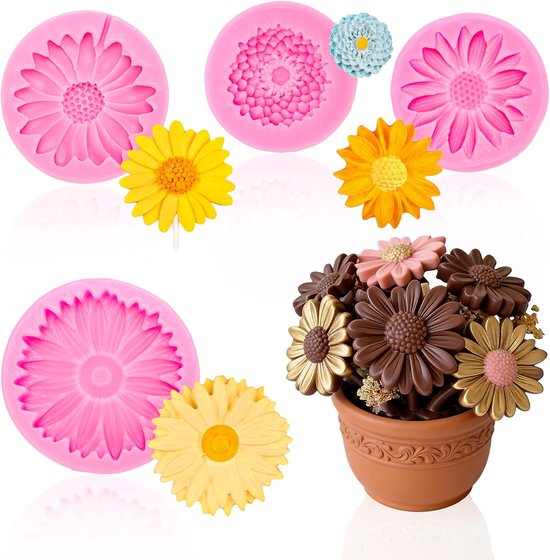 4 stuks siliconenvorm bloemen, madeliefjes gietvormen voor gips, siliconen vormen om bloemen te gieten voor cakedecoratie, cupcake topper, handgemaakte zeep, kaarsen