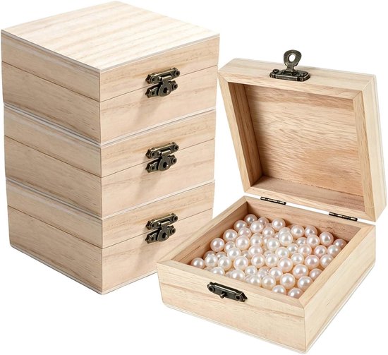 4 x vierkante houten kist met deksel, 10 x 10 x 5 cm, rustieke kleine doos