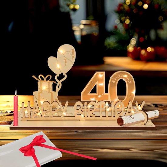 40 jaar geschenken, geldgeschenk verjaardag 40 met LED-lichtsnoer, 40e verjaardag, decoratie, wenskaart voor de 40e verjaardag, gastenboek gemaakt van hout, cadeaus voor 40e verjaardag heren dames