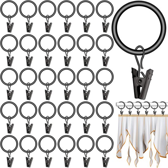 40 stuks gordijnringen, zwart, 25 mm, metalen gordijnroede, ringen met clips, haken, modern en elegant