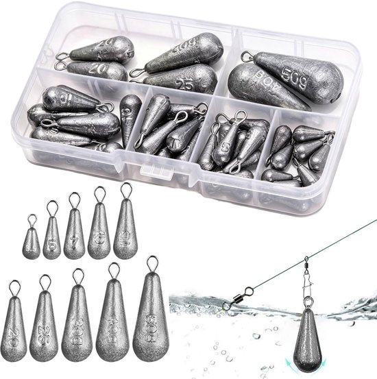 40 Stuks Hengeldruppels, 10 Maten Loodkorrels Vissen Set 3.5g, 5g, 7g, 10g, 15g, 20g 25g, 30g, 40g, 50g, Geschoten - ShopVlot