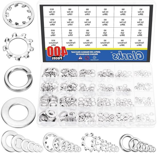 400 stuks M3, M4, M5, M6, M8, M10 sterringen en splitrings met vlakke ringen van roestvrij staal, externe en interne tanden, duurzame bevestigingsmaterialen