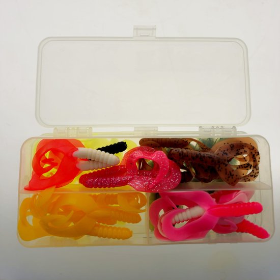 40x Twister dubbel 7,5cm - 3 inch assortiment B in diverse kleuren uit Amerika in een dubbelzijdige tackle box - Kreeftimitatie - Rivierkreeftimitatie van Gary Yamamoto