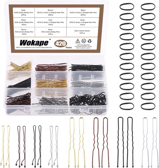 420 Pcs 6 Inch Bobby Pins and 2.4 Inch U-Shaped Hairpins with Black Rubber Bands, Soft Elastic Bands, Assortment Set - ShopVlot