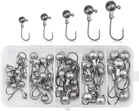 45 Stuks Fishing Offset-Haken Set,Vishaken Assortiment Lood-kop-Vishaak Set Met Verschillende Maten Jighaken met Ronde Jighead 2g 3.5g 5g 7g 10g