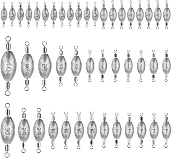 45 Stuks Loodgewichten Set voor Vissen, Olijfvormige Loodgewichten, Drop Shot Gewichten en Grondlood voor Effectieve Vangsten