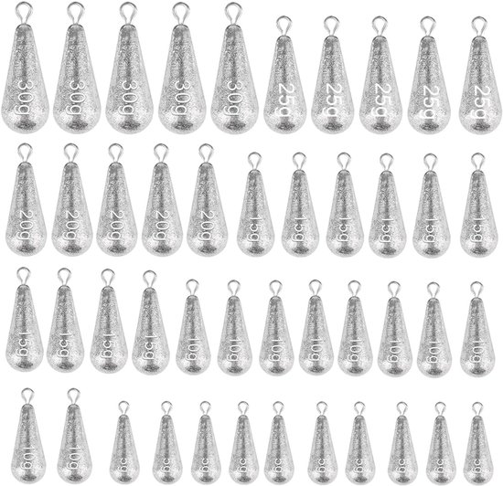 45x Druppellood Visserslood Set - 5g tot 30g - Zilver