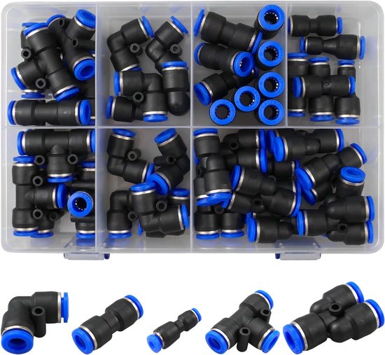 46 Pcs Pneumatic Connectors - Push In Quick Coupler - Straight Pneumatic Connector - Air Push Quick Attachments - 8mm Straight/8mm Angle/8-T/4-6.4-8.6-8mm Reducer Connector van Merkloos