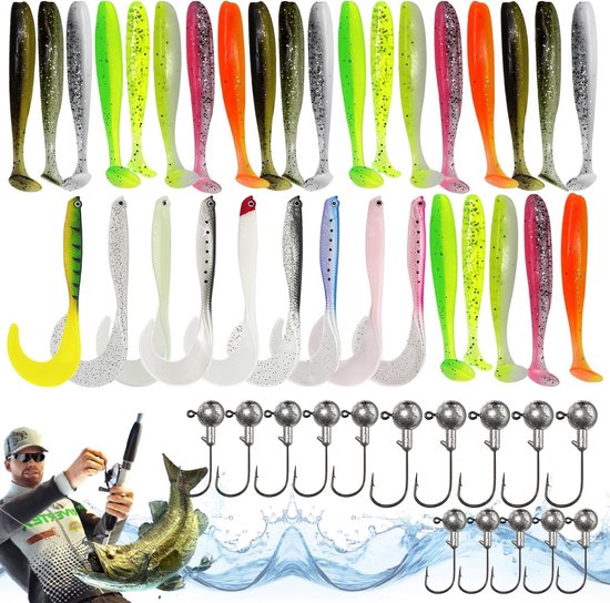 48-delige Hengelsport Set met Jigs en Aas (9cm/12cm) voor Snoek, Baars en Zander, Lichtgewicht en Draagbaar