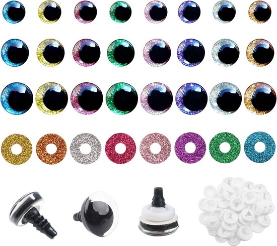 48 sets Glitter Amigurumi Veiligheidsogen met Sluitringen 16 mm 18 mm 25 mm Poppenogen Kunststof voor Gehaakte Marionet Pluche Dier