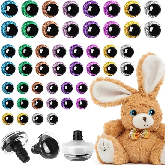 48 stuks 20 mm/16 mm/12 mm veiligheidsogen voor haakdieren, kunststof knoopogen groot, glitter kleurrijke poppenogen, poppenogen met onderlegschijven voor knuffeldierrogen, doe-het-zelf