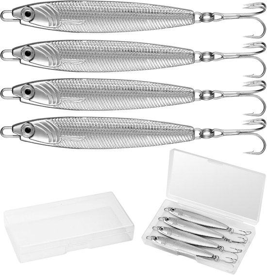 4pcs Metal Sea Trout Bait with Drilling Hooks Silver Minnow Spoon, Bait, Pike, Sea Fishing Equipment, Metal Jigs for Cod, Perch, Sea & Freshwater Fishing