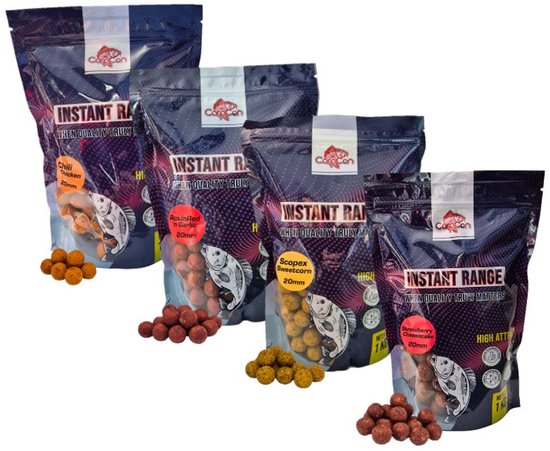 4x 1kg Instant Range Boilies 'Assorti' - 20mm - 4kg - Verschillende varianten - Strawberry, Scopex, Garlic & Chili Chicken - Karper Aas van Merkloos