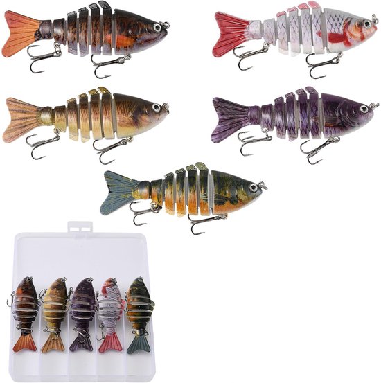 5-delige Wobbler Set - Crankbaits Swimbait Kunstvisaas voor alle waterlagen - Voor zee- en zoetwatervissen, Werpaas voor Baars, Snoek, Snoekbaars - 10 cm 15 g met Aasdoos