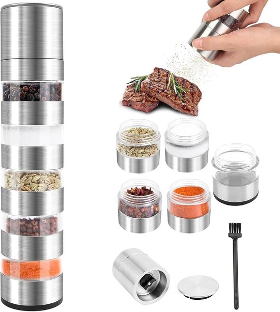 5-in-1 Camping Specerij Set met Maalmolen, Roestvrij Staal, Draagbaar voor BBQ, Picknick en Reizen, Inclusief Schoonmaakborstel en Kruidenset