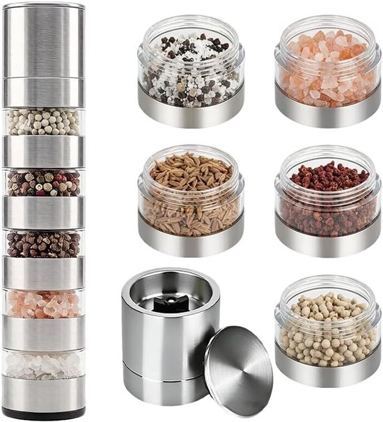 5-in-1 kruidenstrooier voor camping en outdoor, draagbare kruidenpotjes en molen, perfect voor reizen, picknicks en keukenaccessoires