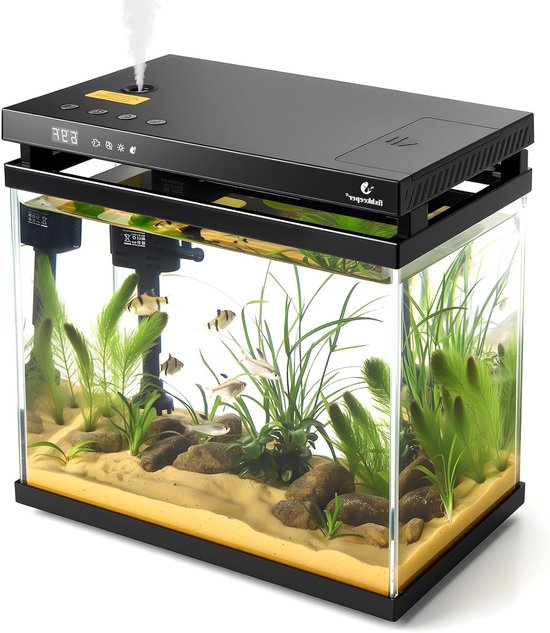 5-in-1 Mini Aquarium Starter Set met LED Verlichting, Automatische Voeding en Zelfreinigende Pomp, 8.6L Nano Aquarium Compleet met Aromatherapie en Onderhoudsvriendelijk Ontwerp
