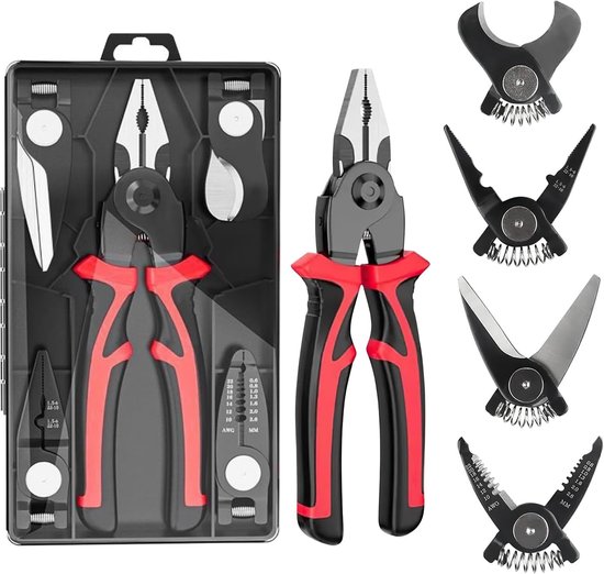 5-in-1 Multi-Purpose Pliers, with 5 Interchangeable Tool Heads Including Wire Cutter, Stripping Pliers, Wire Crimping - ShopVlot