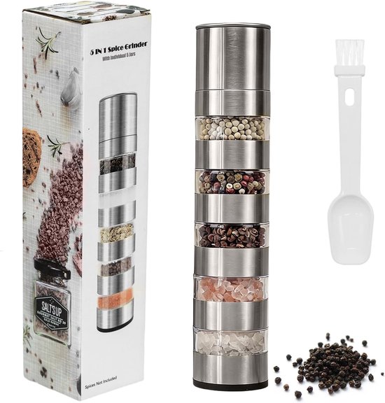5-in-1 RVS Specerijenmolen met 5 Compartimenten, Keramische Molen, Verstelbare Maalniveaus, Draagbaar met 2-in-1 Meetlepel en Borstel voor Koken, Kamperen en Buitenactiviteiten