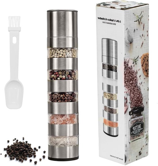 5-in-1 RVS Specerijmolen met 5 Compartimenten, Keramische Molen, Verstelbare Maalniveaus, Draagbaar met 2-in-1 Maatlepel en Borstel voor Koken, Kamperen en Reizen van Merkloos