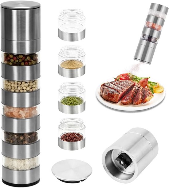 5-in-1 Specerijen Shaker Set voor Kamperen, Koken en Barbecueën - RVS Specerijenpotjes met Pepermolen en Mini Molen voor Reizen, Picknicken en Buiten Koken