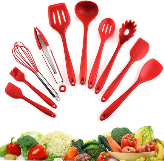 5-kleuren stijl 10-delige keukengerei non-stick pan siliconen keukengerei hittebestendige spatel set kookspatel - rood