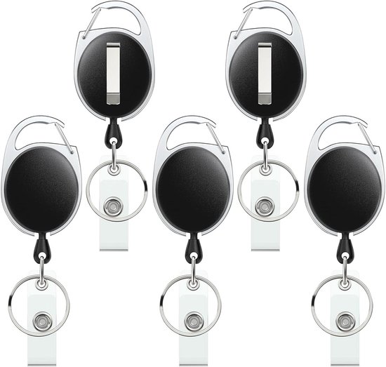 5-Pack Retractable Badge Reel met Heavy Duty Keychain, Sterke ABS Behuizing, 60cm Nylon Touw en Carabiner Clip voor Sleutels en ID-houders