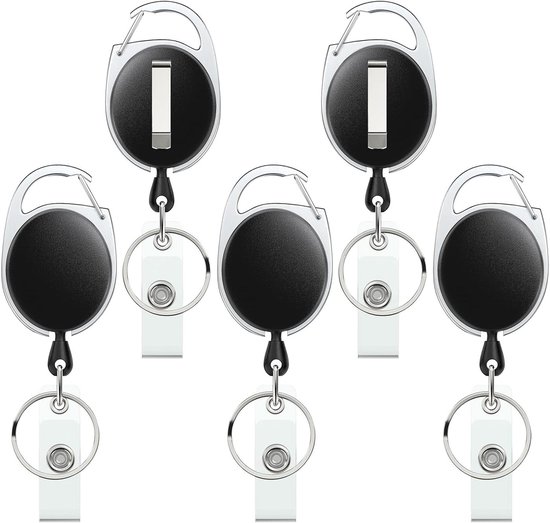 5 Pack Retractable Badge Reel voor Badgehouder - Stevige Sleutelhanger met RVS Veer, 60cm Nylon Touw en Carabiner Clip voor Sleutels en ID Kaarten
