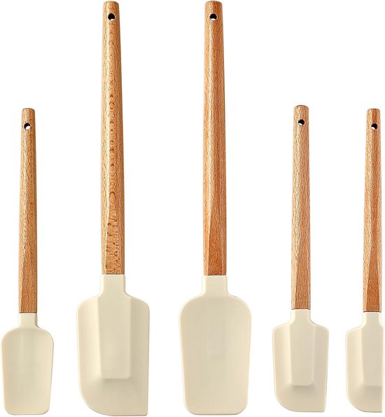 5 Piece Silicone Spatula Set with Wooden Handle, Heat Resistant 230°C, Non-Stick Dough Scraper for Baking Mixing Cooking Cake Dough Frying Kitchen Utensils (White)