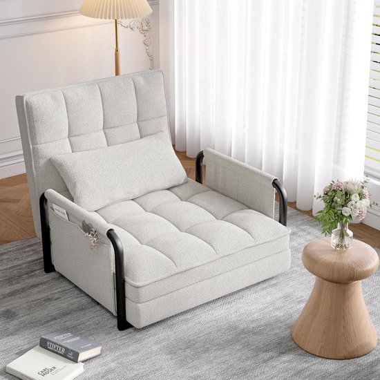5-position sleeping chair, bed function, armrest and backrest, pull-out sofa bed, adjustable single chair with side pocket, 180 x 82 x 15 cm