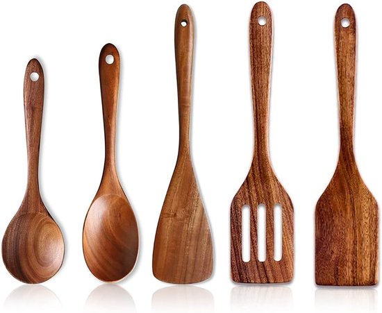 5 Stks Beste Houten Lepels Voor Koken Keukengerei Set Acacia Hout Koken Spatel Turner Niet Giftig Gebruiksvoorwerp Slotted Serveerlepel Platte Spatels Set Houten Gebruiksvoorwerp Mengen Koken Lepel