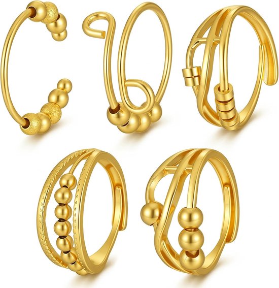 5 stuks anti-angst spinner ringen, fidget-ringen tegen angst, spinnerringen voor stressbeheersing voor dames en heren, goud-zinklegering, open, verstelbare maat