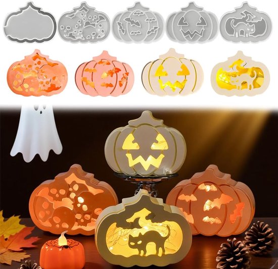 5 stuks Halloween epoxyvorm in pompoenvorm, 3D-kandelaars, Halloween, feestdecoratie, doe-het-zelf, gietvormen van gips