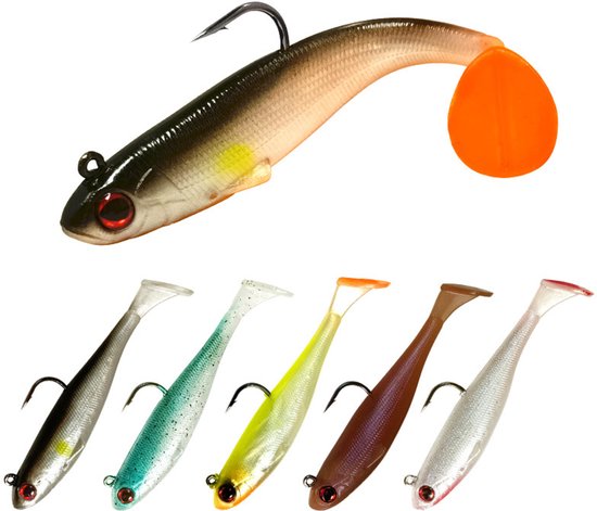5 Stuks - Kant-en-klaar soft baits - Gemakkelijk kunstaas voor het vissen met het hele gezin - Alles erop en eraan voor zeebaars, forel en blauwvintonijn - Big action swimbaits met spinners - Jigs voor het vissen op zeebaars van Merkloos