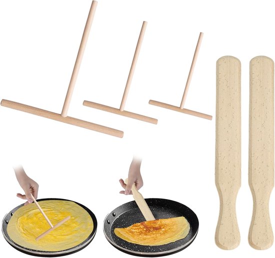 5 stuks pannenkoekenverdeler, 9 cm/12 cm/18 cm T-vormige deegverdeler, 30 cm pannenkoekenspatel, spatel schuiver van beukenhout, voor thuis, keuken, bakken, koken, bakgereedschap