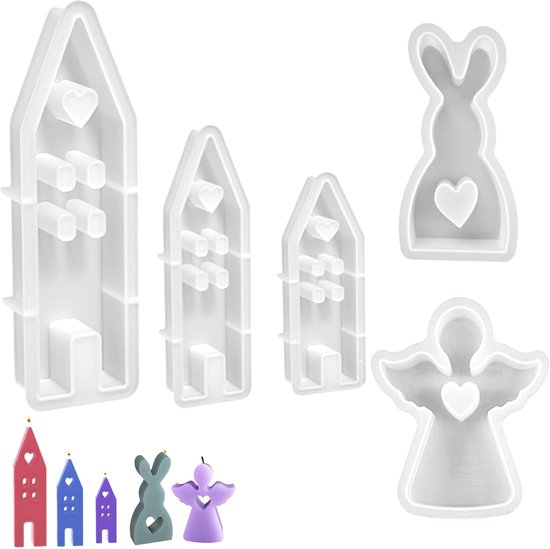 5 stuks Pasen Kaars Mould Set - Herbruikbare 3D-huizen kaarsvorm met konijn siliconen mal en engel siliconen mal voor sojawas, kaarsen, zeep, gips, handwerk