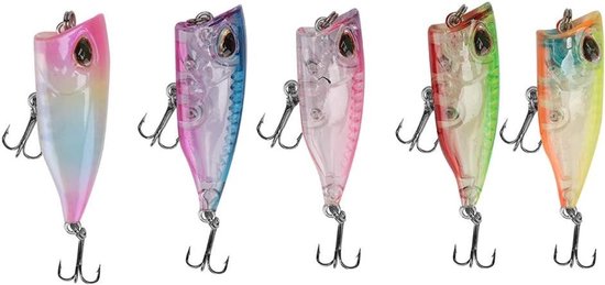 5 stuks plastic mini popper kunstaas, 4 cm zwevend visaas met rammelende stalen ballen, ideaal voor zoet- en zoutwatervissen met scherpe haken en aantrekkelijke kleuren