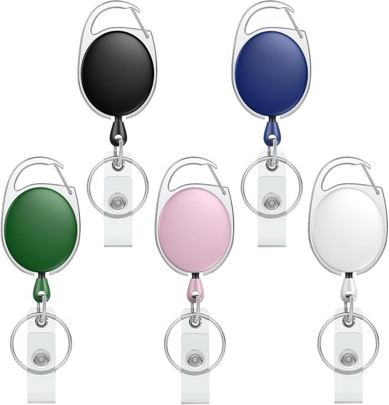 5 Stuks Retractable Badge Reel voor ID Kaart Houder - Stevige Sleutelhanger met RVS Veer, 60cm Nylon Karabijnhaak en Sleutelhanger, Kleurvol ABS Ontwerp van Merkloos