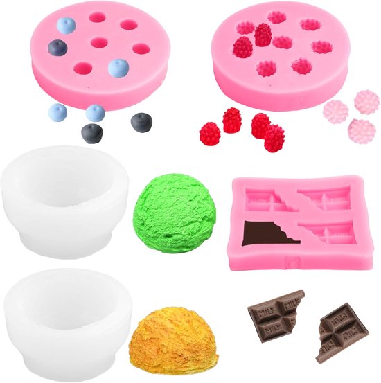 5 stuks siliconen gietvormen kaarsen, 3D ijsbol-siliconen vorm, siliconen vormen, chocolade, bosbessen, framboos, siliconen vorm, vruchten, voor zelfgemaakte waskaarsen, zeep, cake, cupcake-toppers