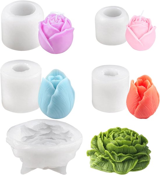 5 stuks Siliconen Kaarsen,Kaarsvorm,Bloem,3D-Siliconenvorm,Kaarsgietvormen,Tulpenvorm,Handgemaakte Zeepvorm,Siliconen vormen voor Moederdag, Valentijnsdag, verjaardagsfeest