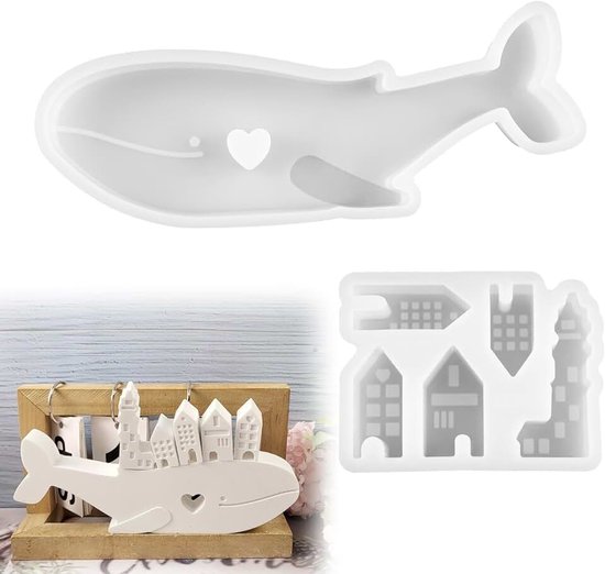 5 stuks siliconen vormen gietvormen huizen en 1 stuk siliconen gietvorm walvis 3D kaarsvorm met hart siliconen vormen vis walvis huizen vormen voor doe-het-zelf kunsthandwerk kaarsen ornamenten zeep