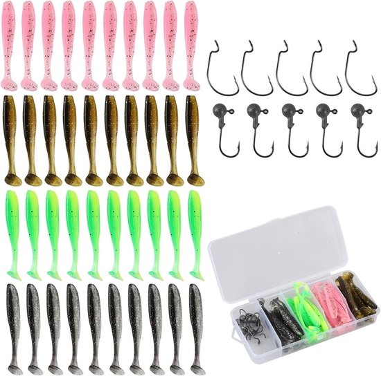 50-delige Vissersdraad Set met Jigkoppen en Rubber Vissen, Wobbler Set voor Zoet en Zout Water, Geschikt voor Snoek, Baars en Forel