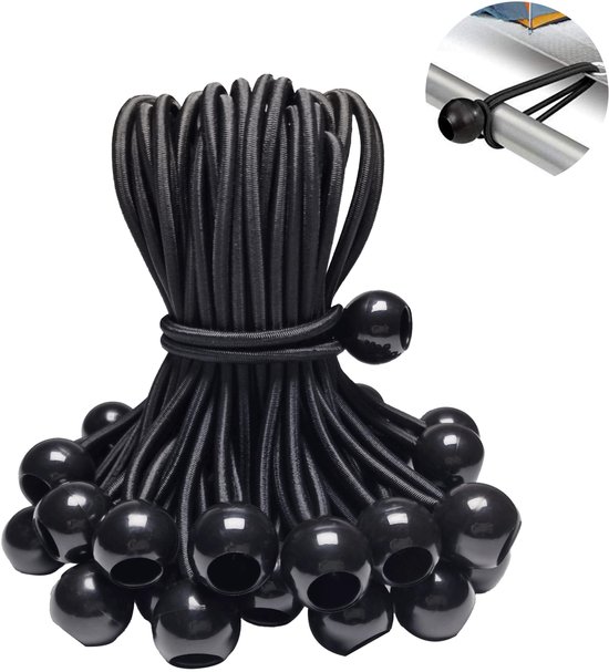 50-Pack Ball Bungee Ropes - Outdoor Tent Fixing Ball Ropes - Bungee Rope Balls - Voor trampolines, strandnetten - Bungee Rope Straps - Voor zeilen, luifels, wandbuizen - Voor kamperen, reizen, bagage, enz. - Zwart van Merkloos
