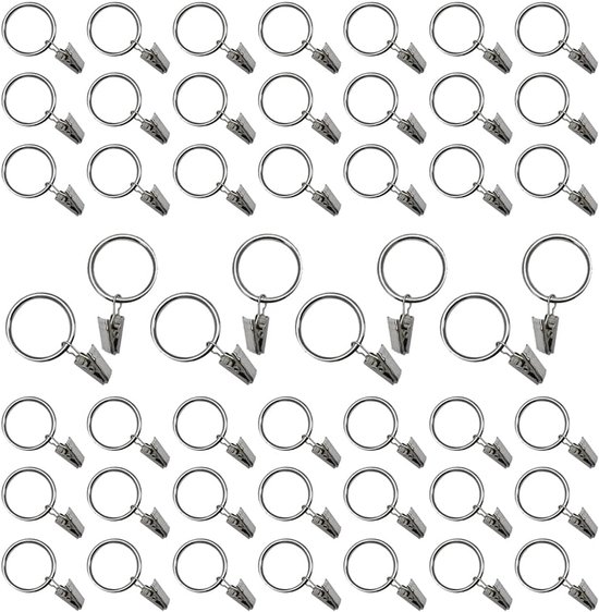 50 stuks gordijnringen met clips, roestvrije metalen gordijnring, 25 mm diameter hanger ringhaak clip voor het vasthouden van zware gordijnen staaf set en draperen - zilver