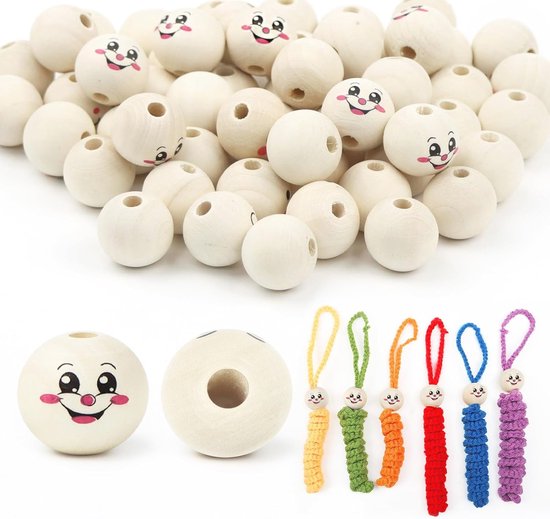 50 stuks houten kralen met glimlach gezicht - 20 mm ronde natuurlijke kralen voor knutselen en DIY van Goodmaiyi