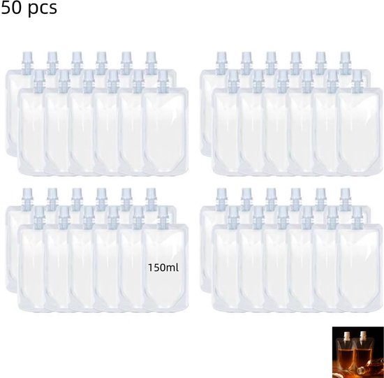 50 stuks - Plastic vloeistofzakjes - Herbruikbare sapzakjes - Inclusief trechter – Voor dames, heren, feesten en reizen - geschikt voor sappen, dranken, sojamelk, enz - 150ml - transparant - 10×14cm